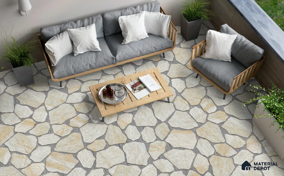 Stone Floor Tile TL 10542  Alphine Stone Anti Skid Tiles Matte Finish Vitrified Tile - 12 mm | Box Contains Mixed Sizes of (12 Pieces215x145 mm, 6 Pieces of 306x221 mm) | Suitable for Patio, Parking, Garden, HighTraffic Areas | Box Contains Coverage Area of 6.45 Sq. Ft.