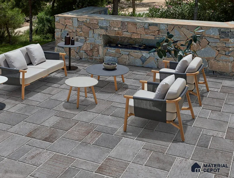 Stone Floor Tile TL 10537  Porphyry Grey Anti Skid Tiles Matte Finish Vitrified Tile - 15 mm | Box Contains Mixed Sizes of (202x202 mm, 302x202 mm, 202x96 mm, 4 Piece Each) | Suitable for Patio, Open Area, Parking, Outdoor,  HighTraffic Areas | Box contains Coverage Area of 5.17 Sq. Ft.