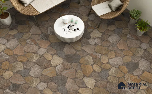 Stone Floor Tile TL 10543  River Stone Anti Skid Tiles Matte Finish Vitrified Tile - 12 mm | Box Contains Mixed Sizes of (12 Pieces215x145 mm, 6 Pieces of 306x221 mm) | Suitable for Patio, Garden, Parking, HighTraffic Areas | Box Contains Coverage Area of 6.45 Sq. Ft.