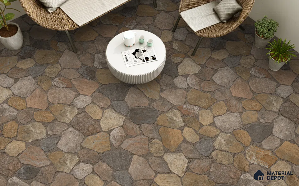 Stone Floor Tile TL 10543  River Stone Anti Skid Tiles Matte Finish Vitrified Tile - 12 mm | Box Contains Mixed Sizes of (12 Pieces215x145 mm, 6 Pieces of 306x221 mm) | Suitable for Patio, Garden, Parking, HighTraffic Areas | Box Contains Coverage Area of 6.45 Sq. Ft.