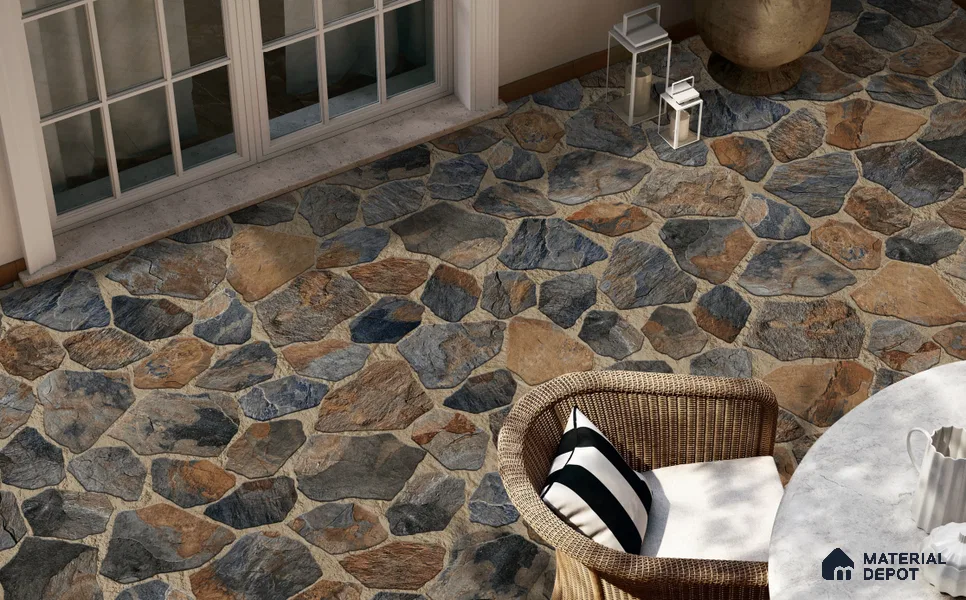 Stone Floor Tile TL 10541  Rustic Fieldstone Anti Skid Tiles Matte Finish Vitrified Tile - 12 mm | Box Contains Mixed Sizes of (12 Pieces215x145 mm, 6 Pieces of 306x221 mm) | Suitable for Patio, Parking, Garden, HighTraffic Areas | Box Contains Coverage Area of 6.45 Sq. Ft.