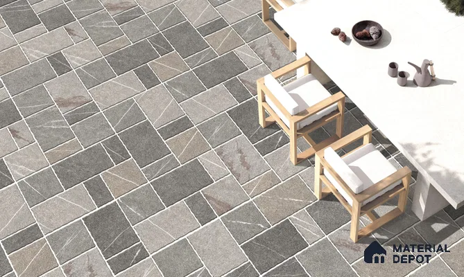 Stone Floor Tile TL 10540  Trail Greige Anti Skid Tiles Matte Finish Vitrified Tile - 15 mm | Box Contains Mixed Sizes of (202x202 mm, 302x202 mm, 202x96 mm, 4 Piece Each) | Suitable for Patio, Open Area, Parking, Outdoor, HighTraffic Areas | Box contains Coverage Area of 5.17 Sq. Ft.
