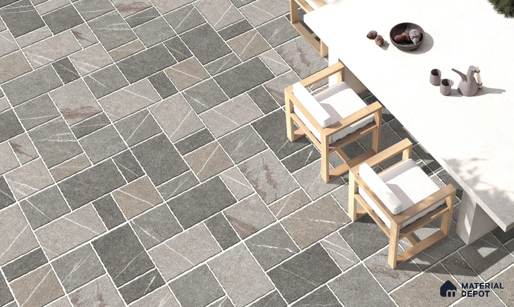 Stone Floor Tile TL 10540  Trail Greige Anti Skid Tiles Matte Finish Vitrified Tile - 15 mm | Box Contains Mixed Sizes of (202x202 mm, 302x202 mm, 202x96 mm, 4 Piece Each) | Suitable for Patio, Open Area, Parking, Outdoor, HighTraffic Areas | Box contains Coverage Area of 5.17 Sq. Ft.