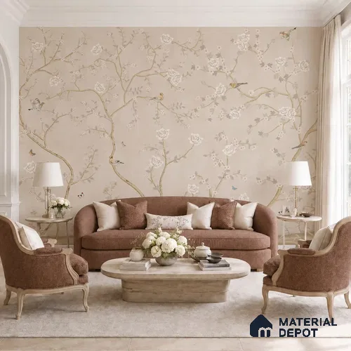 Sunset Serenade, Blush beige Chinoiserie Handmade Wallpaper