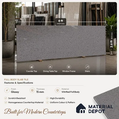 Terrazzo Counter Top Slab TL 06028 B Galaxy Grey 8 ft x 2.6 ft mm Full Body Vitrified Glossy Finish - 15 mm | Suitable For Counter Top, Dining Table Top & Window Frame