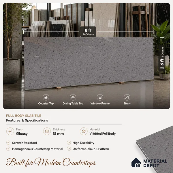 Terrazzo Counter Top Slab TL 06028 B Galaxy Grey 8 ft x 2.6 ft mm Full Body Vitrified Glossy Finish - 15 mm | Suitable For Counter Top, Dining Table Top & Window Frame
