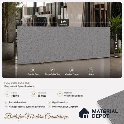 Terrazzo Counter Top Slab TL 06028 Galaxy Grey 8 ft x 2.6 ft mm Full Body Vitrified Matte Finish - 15 mm | Suitable For Counter Top, Dining Table Top & Window Frame