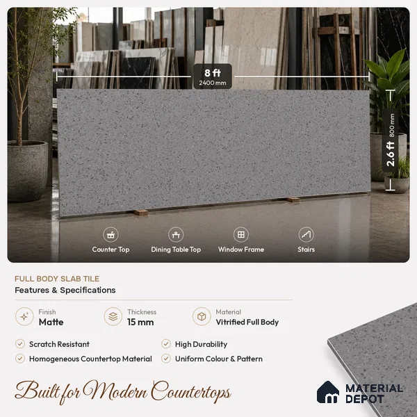 Terrazzo Counter Top Slab TL 06028 Galaxy Grey 8 ft x 2.6 ft mm Full Body Vitrified Matte Finish - 15 mm | Suitable For Counter Top, Dining Table Top & Window Frame