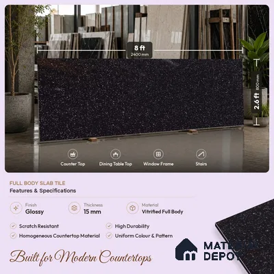 Terrazzo Counter Top Slab TL 06031 Galaxy Nero 8 ft x 2.6 ft mm Full Body Vitrified Glossy Finish - 15 mm | Suitable For Counter Top, Dining Table Top & Window Frame