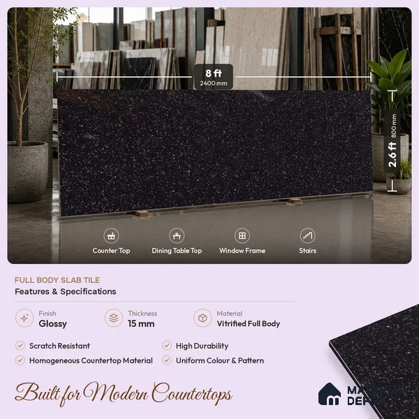 Terrazzo Counter Top Slab TL 06031 Galaxy Nero 8 ft x 2.6 ft mm Full Body Vitrified Glossy Finish - 15 mm | Suitable For Counter Top, Dining Table Top & Window Frame
