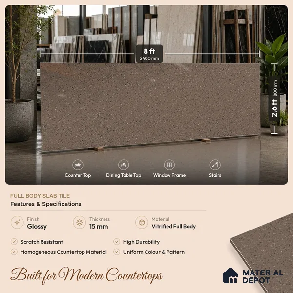 Terrazzo Counter Top Slab TL 06032 Galaxy Walnut 8 ft x 2.6 ft mm Full Body Vitrified Glossy Finish - 15 mm | Suitable For Counter Top, Dining Table Top & Window Frame