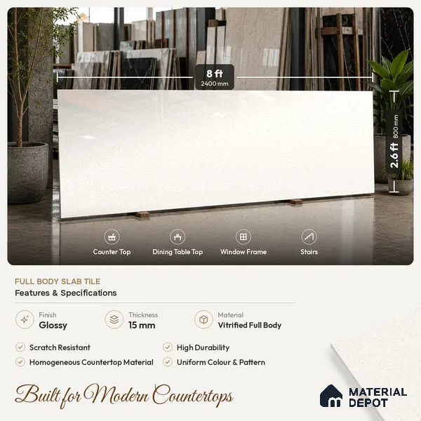 Terrazzo Counter Top Slab TL 06033 Galaxy White 8 ft x 2.6 ft mm Full Body Vitrified Glossy Finish - 15 mm | Suitable For Counter Top, Dining Table Top & Window Frame