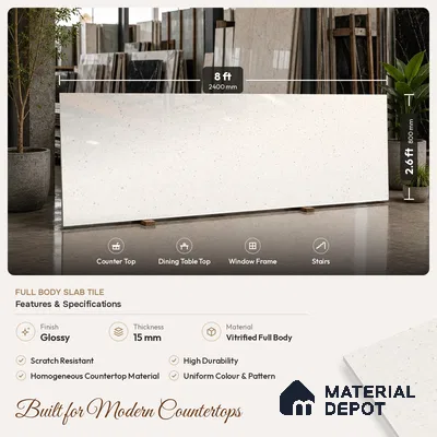 Terrazzo Counter Top Slab TL 06037 B Nexa Bianco 8 ft x 2.6 ft mm Full Body Vitrified Glossy Finish - 15 mm | Suitable For Counter Top, Dining Table Top & Window Frame