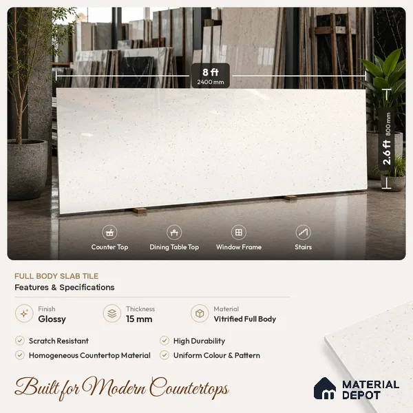 Terrazzo Counter Top Slab TL 06037 B Nexa Bianco 8 ft x 2.6 ft mm Full Body Vitrified Glossy Finish - 15 mm | Suitable For Counter Top, Dining Table Top & Window Frame