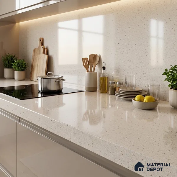 Terrazzo Counter Top Slab TL 06037 B Nexa Bianco 8 ft x 2.6 ft mm Full Body Vitrified Glossy Finish - 15 mm | Suitable For Counter Top, Dining Table Top & Window Frame
