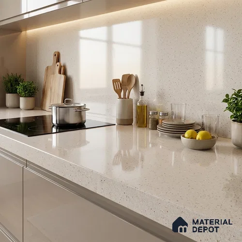 Terrazzo Counter Top Slab TL 06037 B Nexa Bianco 8 ft x 2.6 ft mm Full Body Vitrified Glossy Finish - 15 mm | Suitable For Counter Top, Dining Table Top & Window Frame