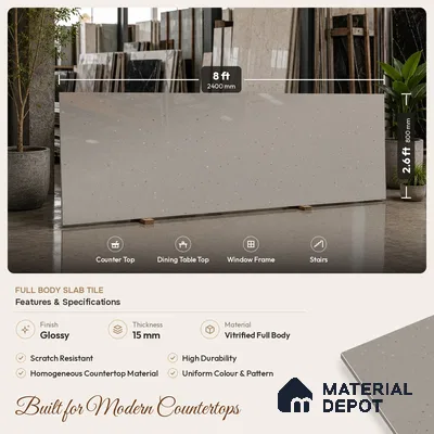 Terrazzo Counter Top Slab TL 06038 Nexa Gris 8 ft x 2.6 ft mm Full Body Vitrified Glossy Finish - 15 mm | Suitable For Counter Top, Dining Table Top & Window Frame