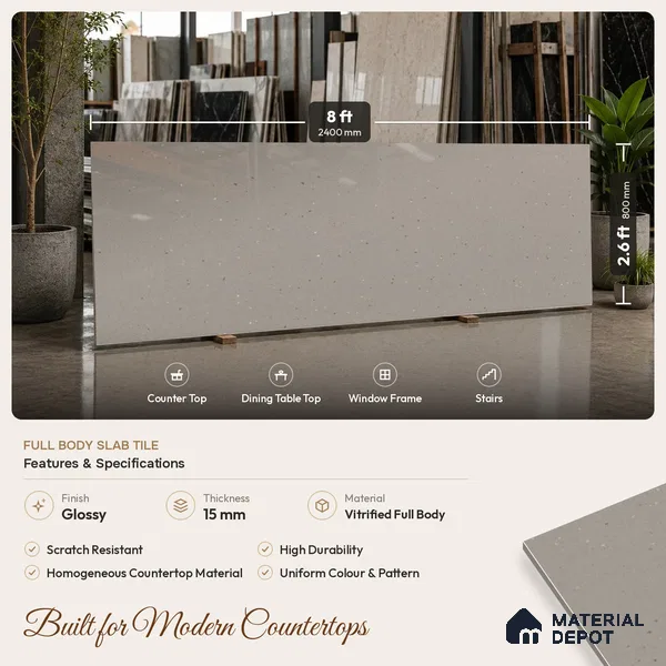 Terrazzo Counter Top Slab TL 06038 Nexa Gris 8 ft x 2.6 ft mm Full Body Vitrified Glossy Finish - 15 mm | Suitable For Counter Top, Dining Table Top & Window Frame