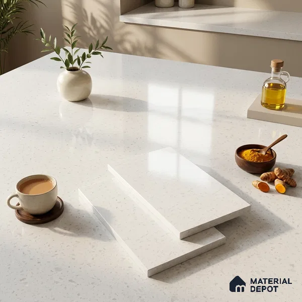Terrazzo Counter Top Slab TL 06039 Nexa Snow 8 ft x 2.6 ft mm Full Body Vitrified Glossy Finish - 15 mm | Suitable For Counter Top, Dining Table Top & Window Frame