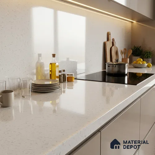 Terrazzo Counter Top Slab TL 06039 Nexa Snow 8 ft x 2.6 ft mm Full Body Vitrified Glossy Finish - 15 mm | Suitable For Counter Top, Dining Table Top & Window Frame