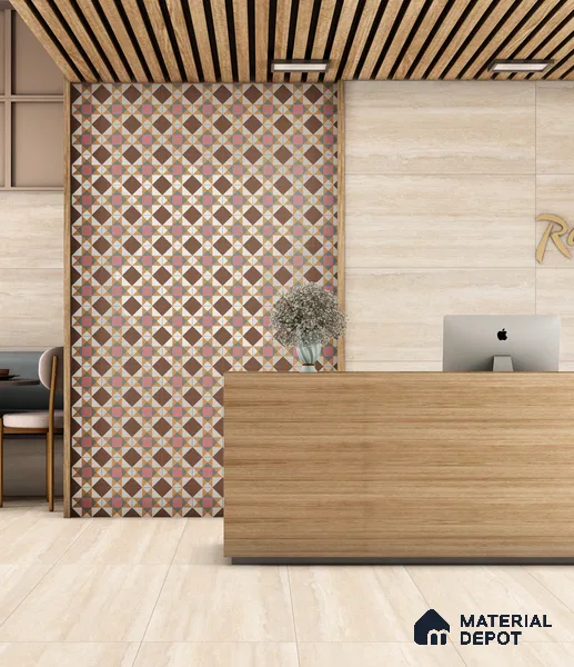 Stone Travertine Floor & Wall Tile TL 12491 C Travex Beige 4 ft x 2 ft Petals Protex Glr Matt Finish Vitified - 9 mm | 6 Random Design | Suitable for Living Room, Bedroom, Dining & Kitchen