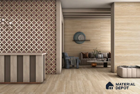 Stone Travertine Floor & Wall Tile TL 12491 D Travex Camel 4 ft x 2 ft Petals Protex Super Glossy Finish Vitified - 9 mm | 6 Random Design | Suitable for Living Room, Bedroom, Dining & Kitchen