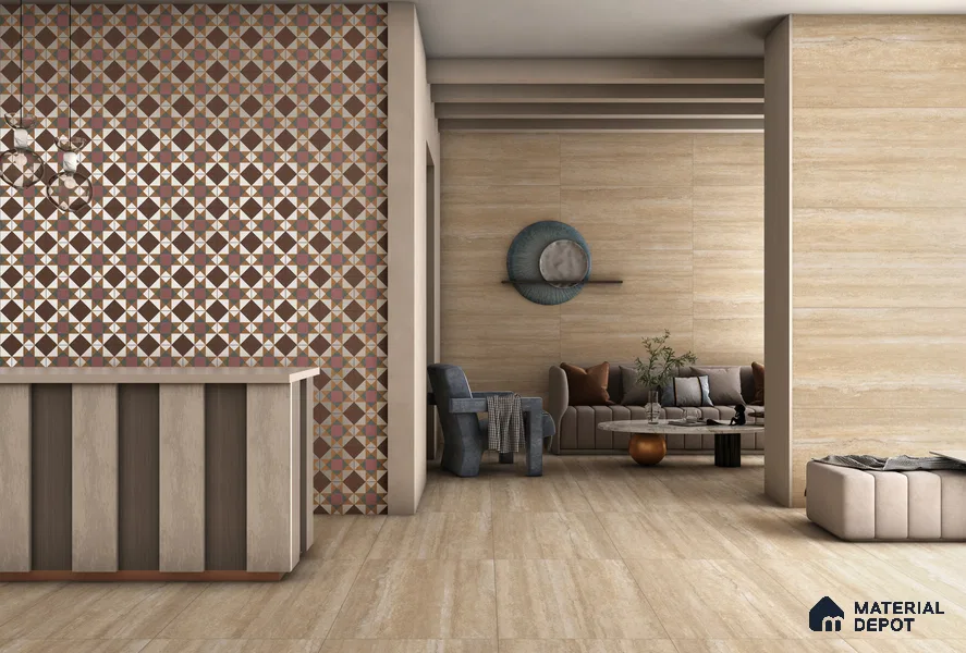 Stone Travertine Floor & Wall Tile TL 12491 D Travex Camel 4 ft x 2 ft Petals Protex Super Glossy Finish Vitified - 9 mm | 6 Random Design | Suitable for Living Room, Bedroom, Dining & Kitchen