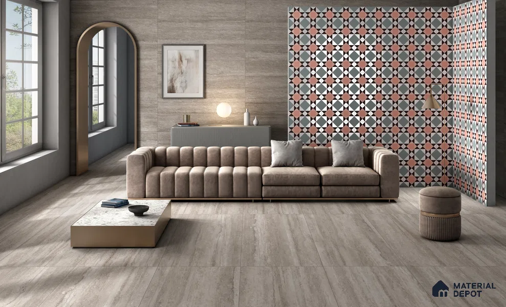 Stone Travertine Floor & Wall Tile TL 12491 M Travex Charcoal 4 ft x 2 ft Petals Protex Super Glossy Finish Vitified - 9 mm | 6 Random Design | Suitable for Living Room, Bedroom, Dining & Kitchen