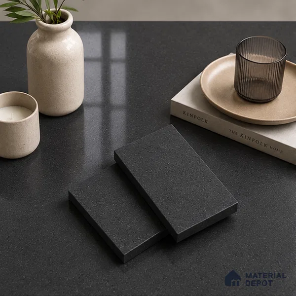 Stone Look Counter Top Slab TL 10057 Grainy Black Polished 8 ft x 2.62 ft Glossy Finish Vitrified Large Format Tile - 15 mm | Suitable For Counter Top, Dining Table Top & Window Frame