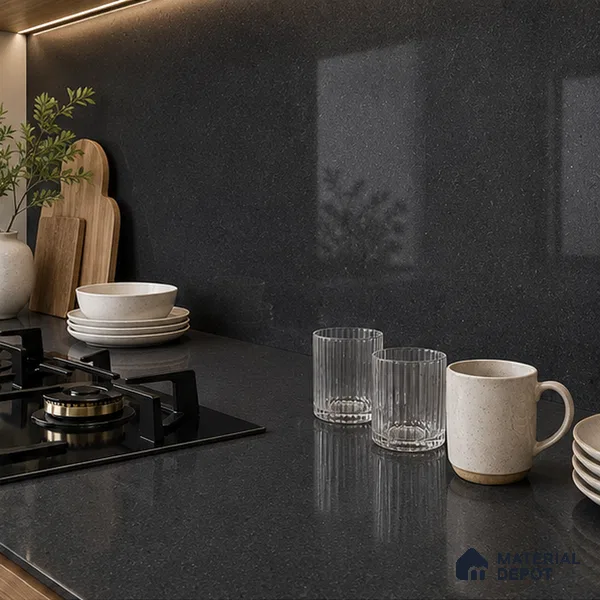 Stone Look Counter Top Slab TL 10057 Grainy Black Polished 8 ft x 2.62 ft Glossy Finish Vitrified Large Format Tile - 15 mm | Suitable For Counter Top, Dining Table Top & Window Frame