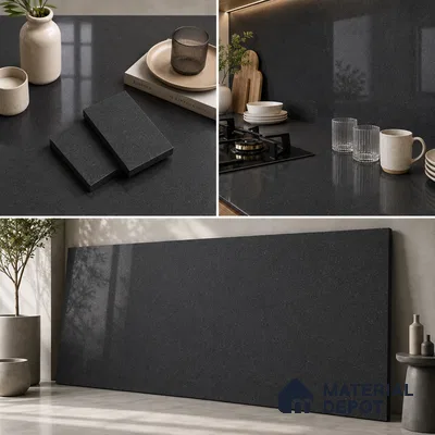 Stone Look Counter Top Slab TL 10057 Grainy Black Polished 8 ft x 2.62 ft Glossy Finish Vitrified Large Format Tile - 15 mm | Suitable For Counter Top, Dining Table Top & Window Frame