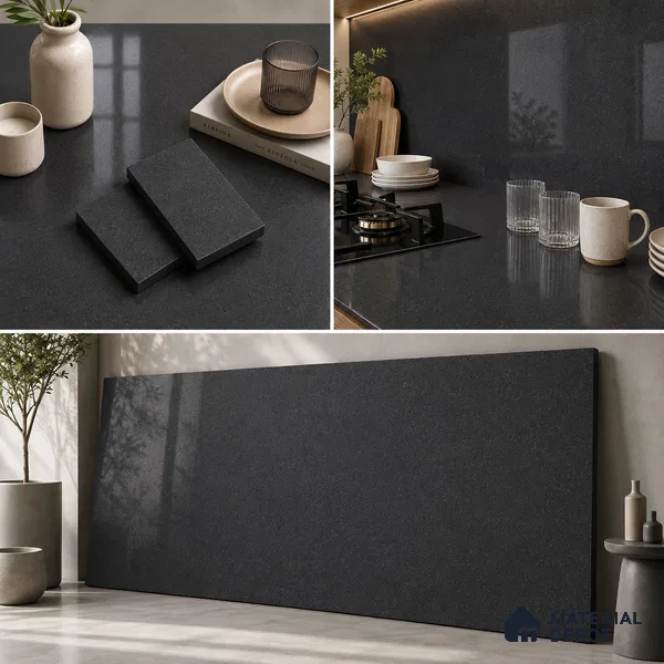 Stone Look Counter Top Slab TL 10057 Grainy Black Polished 8 ft x 2.62 ft Glossy Finish Vitrified Large Format Tile - 15 mm | Suitable For Counter Top, Dining Table Top & Window Frame