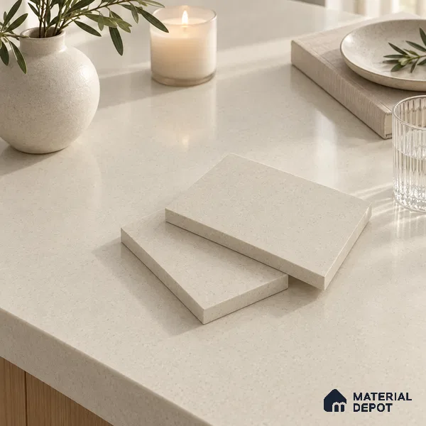 Stone Look Counter Top Slab TL 10057 E Grainy Crema Polished 8 ft x 2.62 ft Glossy Finish Vitrified Large Format Tile - 15 mm | Suitable For Counter Top, Dining Table Top & Window Frame