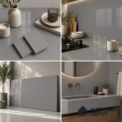 Stone Counter Top Slab TL 10057 F Grainy Grey Polished 8 ft x 2.62 ft Glossy Finish Vitrified Large Format Tile - 15 mm | Suitable For Counter Top, Dining Table Top & Window Frame