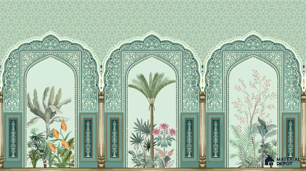 Traditional Mughal Garden Illustration Wallpaper with Ornamental Arches and Trees | WP 05260 B Non Woven | 150 GSM WP01MTF Paper | (MOQ = 30 Sq. Ft.)