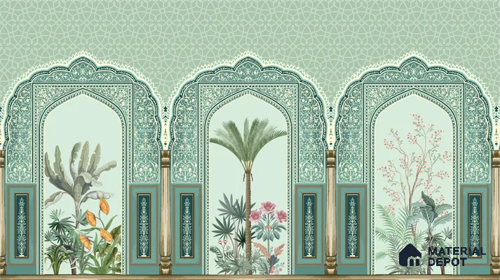Traditional Mughal Garden Illustration Wallpaper with Ornamental Arches and Trees | WP 05260 Canvas | 250 GSM WP01CNF Paper | (MOQ = 30 Sq. Ft.)
