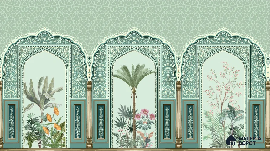 Traditional Mughal Garden Illustration Wallpaper with Ornamental Arches and Trees Wallpaper | Material Depot