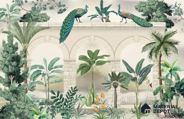 Traditional Mughal Wall Mural Wallpaper of Tropical Plants Birds and Peacock | WP 05283 Canvas | 250 GSM WP01CNF Paper | (MOQ = 30 Sq. Ft.)
