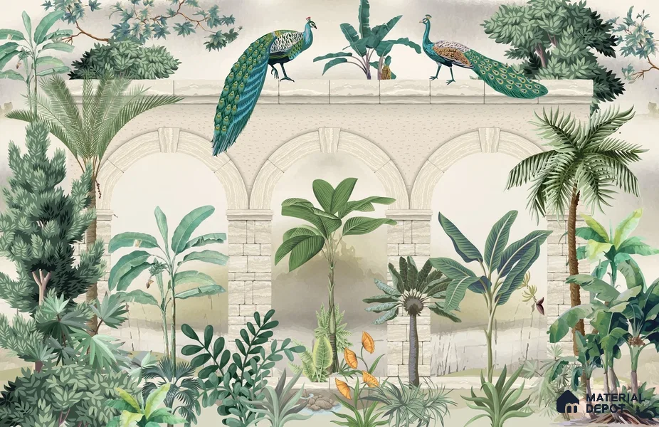 Traditional Mughal Wall Mural Wallpaper of Tropical Plants Birds and Peacock | WP 05283 Canvas | 250 GSM WP01CNF Paper | (MOQ = 30 Sq. Ft.)