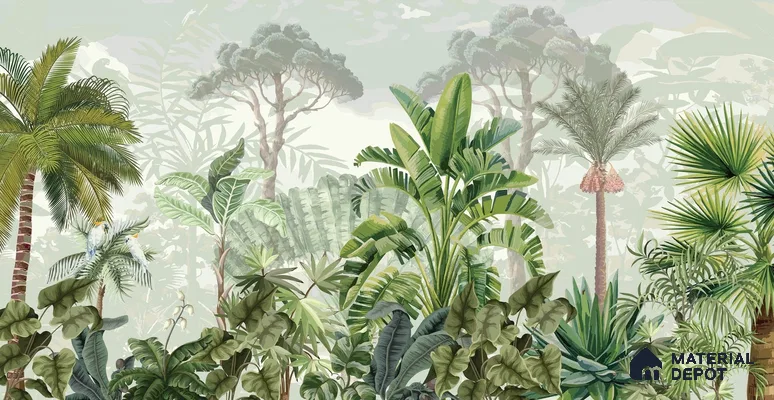 Tropical Bliss Wall Mural Wallpaper with Lush Plants and Exotic Details | WP 05281 B Non Woven | 150 GSM WP01MTF Paper | (MOQ = 30 Sq. Ft.)