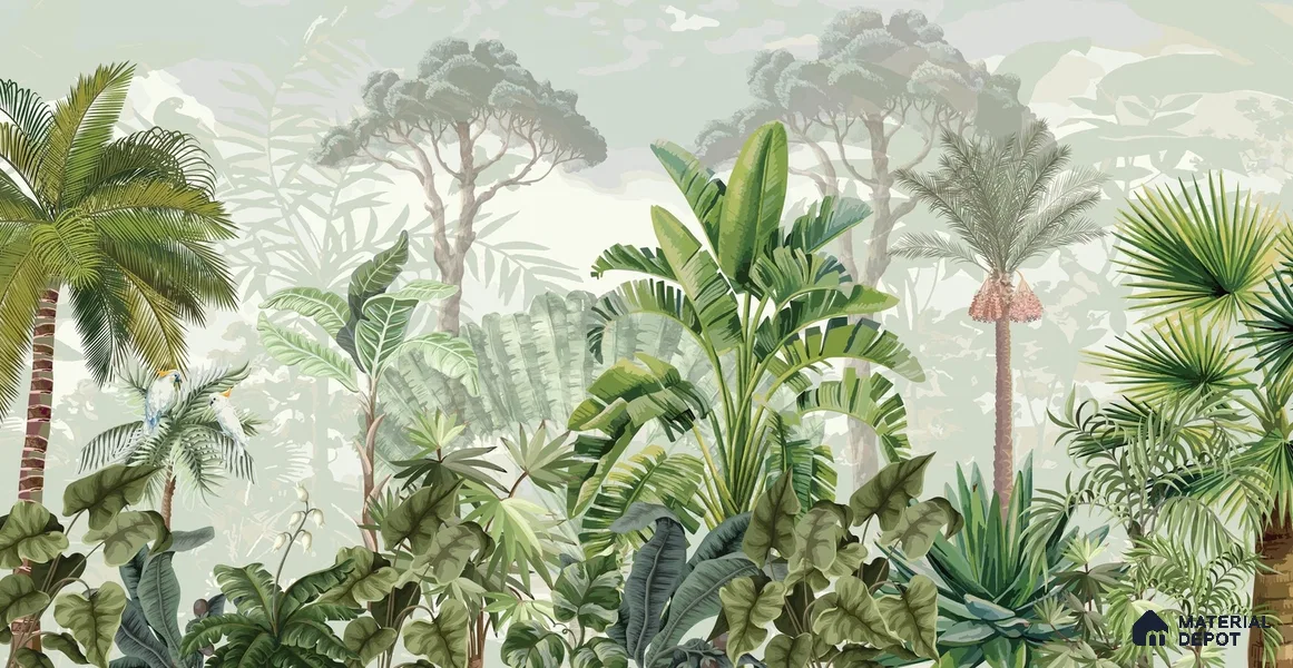 Tropical Bliss Wall Mural Wallpaper with Lush Plants and Exotic Details | WP 05281 B Non Woven | 150 GSM WP01MTF Paper | (MOQ = 30 Sq. Ft.)