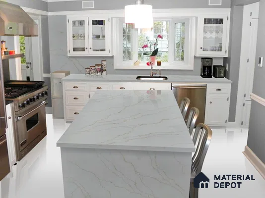 Belina Quartz QR 00372 Calacatta Milano Gold Value Series 10.5 ft x 5.25 ft Quartz - 20 mm | 5 Years Warranty | Suitable for Kitchen, Restaurant, Counter Tops, Dining, Reception, office
