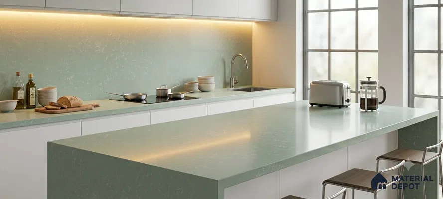 Belina Quartz {SKU} Celadon Mist Value Series 10.5 ft x 5.25 ft Quartz - 20 mm | 5 Years Warranty | Suitable for Kitchen, Restaurant, Counter Tops, Dining, Reception, office
