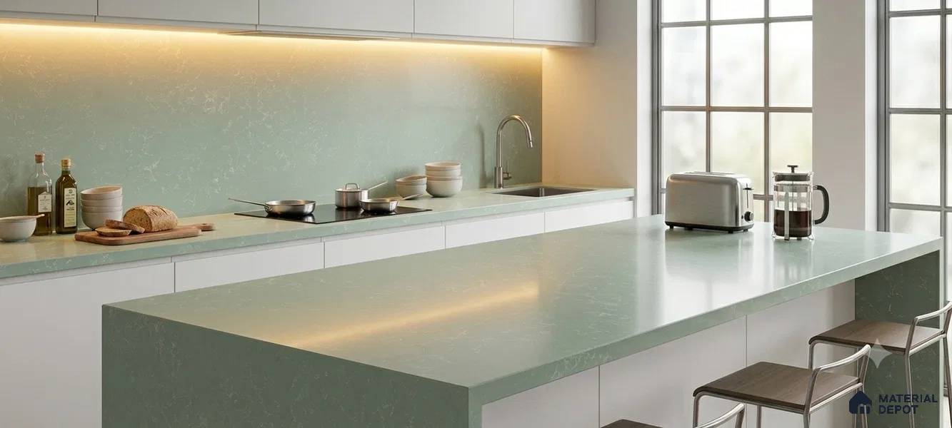 Belina Quartz {SKU} Celadon Mist Value Series 10.5 ft x 5.25 ft Quartz - 20 mm | 5 Years Warranty | Suitable for Kitchen, Restaurant, Counter Tops, Dining, Reception, office
