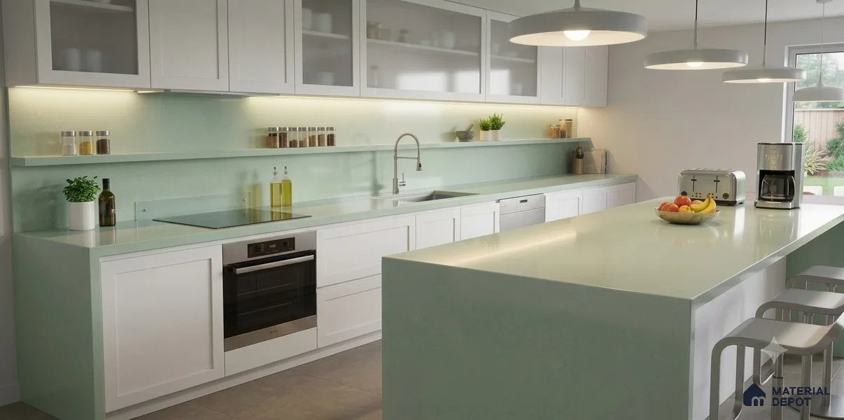 Belina Quartz {SKU} Celadon Mist Value Series 10.5 ft x 5.25 ft Quartz - 20 mm | 5 Years Warranty | Suitable for Kitchen, Restaurant, Counter Tops, Dining, Reception, office