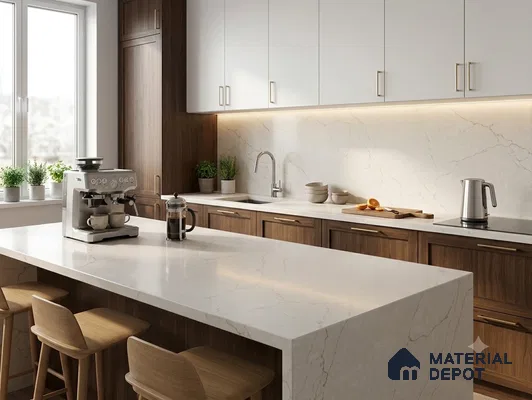Belina Quartz {SKU} Tuscan Pearl Value Series 10.5 ft x 5.25 ft Quartz - 20 mm | 5 Years Warranty | Suitable for Kitchen, Restaurant, Counter Tops, Dining, Reception, office