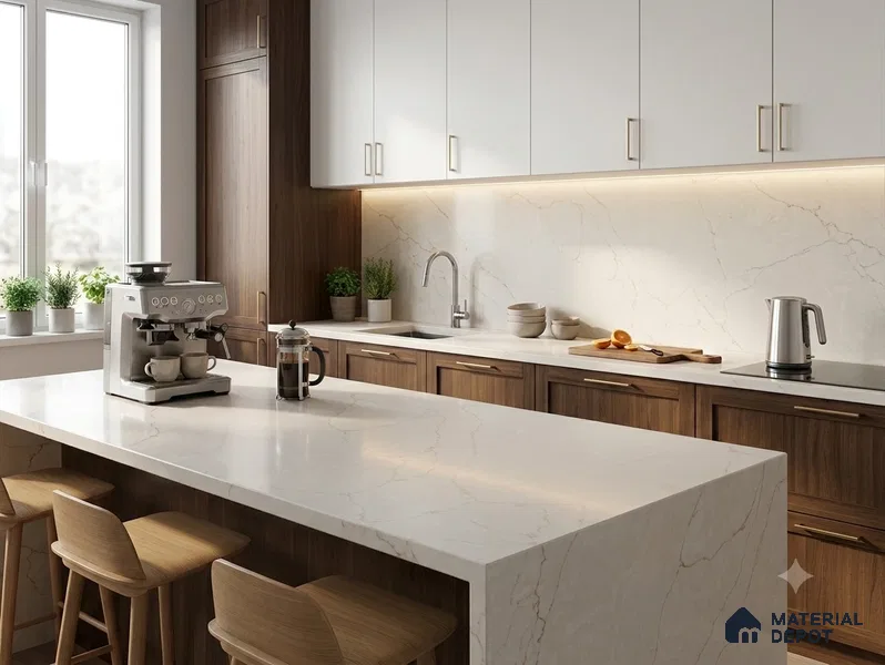 Belina Quartz {SKU} Tuscan Pearl Value Series 10.5 ft x 5.25 ft Quartz - 20 mm | 5 Years Warranty | Suitable for Kitchen, Restaurant, Counter Tops, Dining, Reception, office