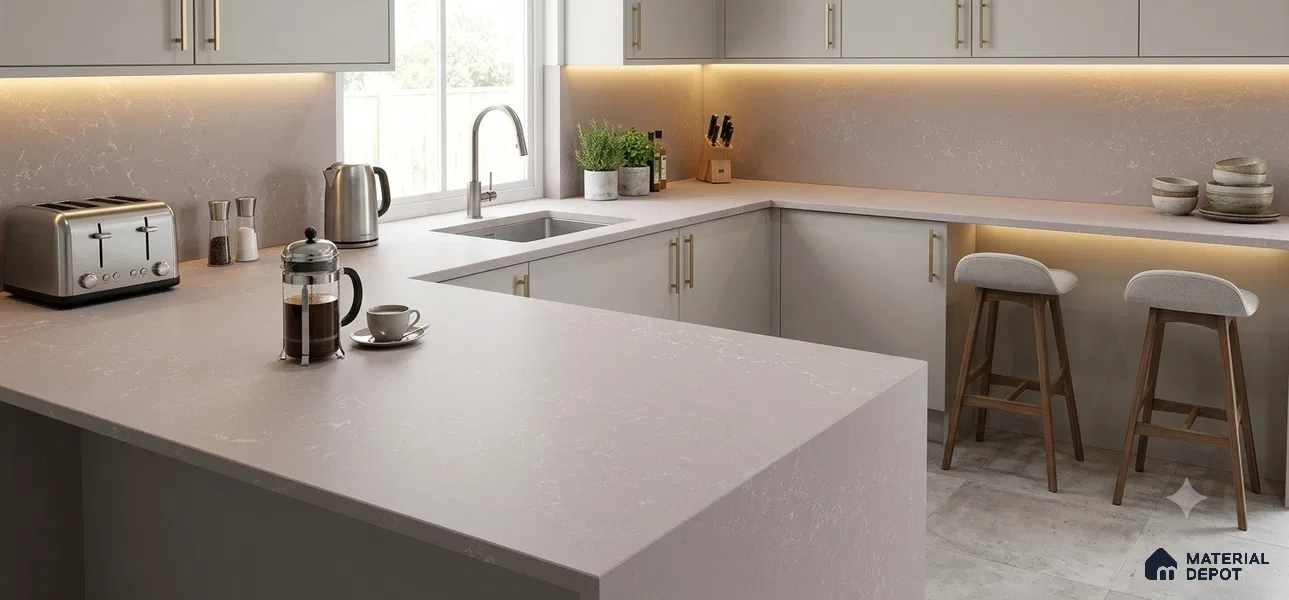 Belina Quartz {SKU} Rose Dune Value Series 10.5 ft x 5.25 ft Quartz - 20 mm | 5 Years Warranty | Suitable for Kitchen, Restaurant, Counter Tops, Dining, Reception, office