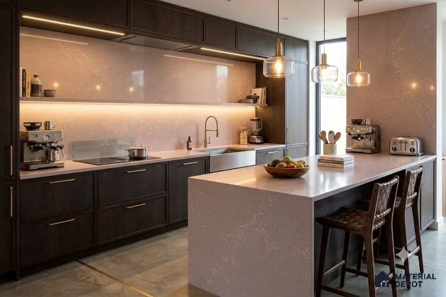 Belina Quartz {SKU} Rose Dune Value Series 10.5 ft x 5.25 ft Quartz - 20 mm | 5 Years Warranty | Suitable for Kitchen, Restaurant, Counter Tops, Dining, Reception, office