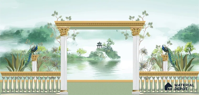 Watercolor Garden Arch Wallpaper with Peacock Mountain Lake and Serene Landscape | WP 05261 Canvas | 250 GSM WP01CNF Paper | (MOQ = 30 Sq. Ft.)